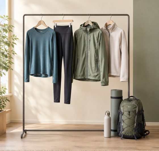 Activewear, sportswear and outdoor performance apparel on display