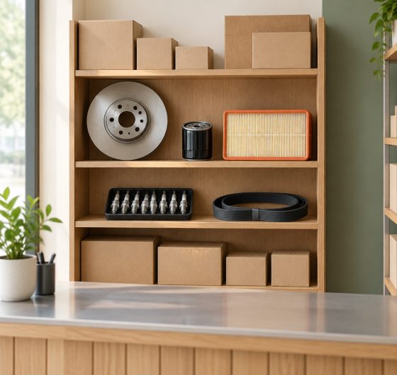 Auto parts store shelves with filters, brake disc and boxed parts