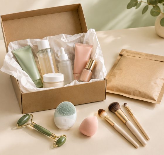Beauty subscription box with tools, devices and a shipping mailer