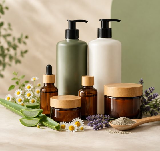 Natural beauty products with botanicals and salon bottles
