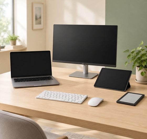 Laptop, monitor, tablet and computer accessories on a desk