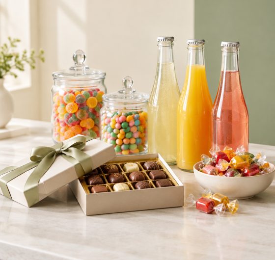Chocolates, candy jars and bottled beverages