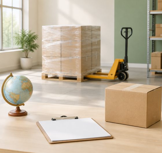 Warehouse pallet of cartons with a globe and shipping documents