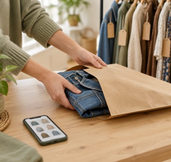 Pre-loved denim jacket being packed for a resale fashion order