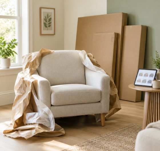Furniture delivery boxes with an unwrapped armchair and a tablet