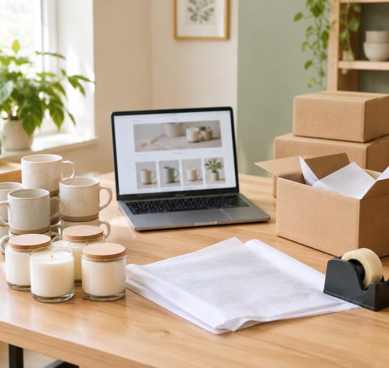 Online brand packing station with laptop, products and shipping boxes