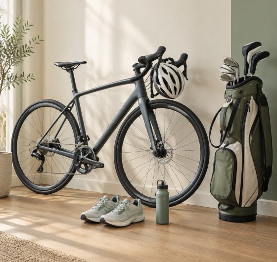Road bicycle, running shoes and golf clubs