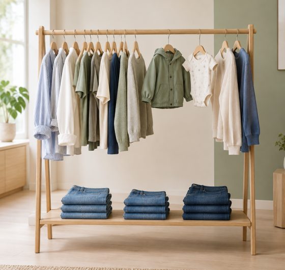 Everyday and lifestyle apparel on a store rail with folded denim