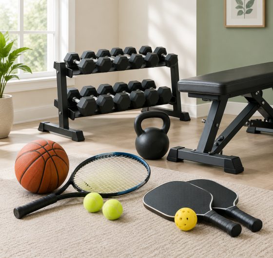 Dumbbells, weight bench and court sports equipment