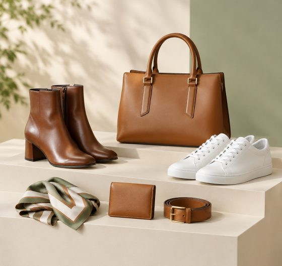 Footwear, handbag and leather accessories on display