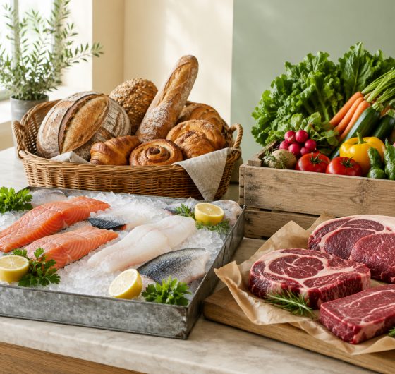 Fresh bread, seafood, meat and produce on a food counter