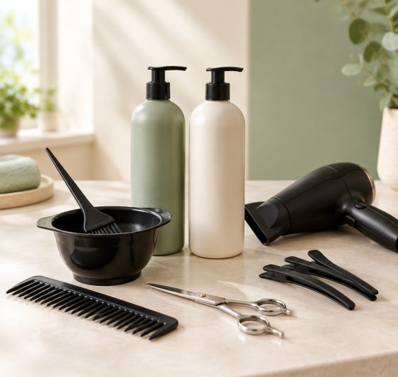 Hair care bottles, hair color bowl and salon tools