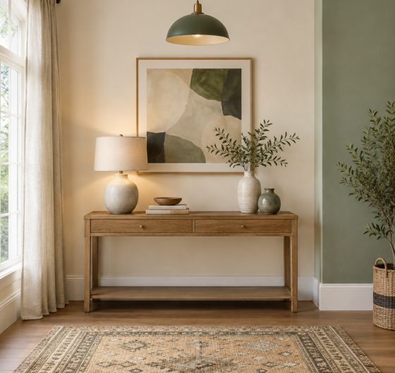 Home decor with a table lamp, wall art, rug and curtains
