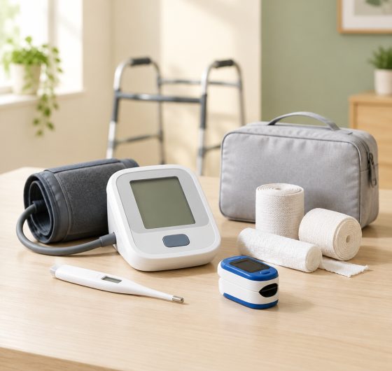 Blood pressure monitor, thermometer and first aid supplies