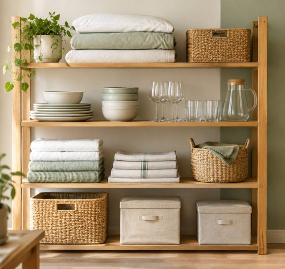 Folded bedding, dinnerware and storage baskets on shelves