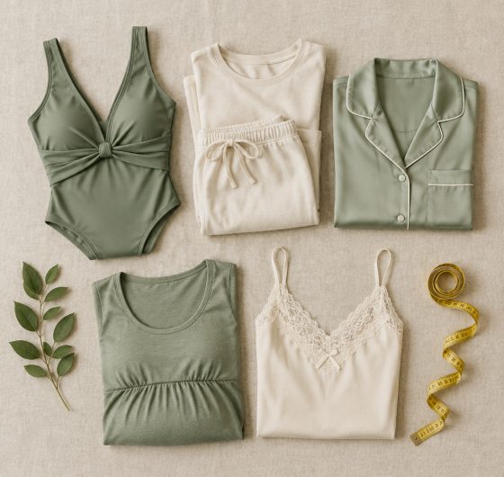 Swimwear, loungewear and intimates laid out with a measuring tape