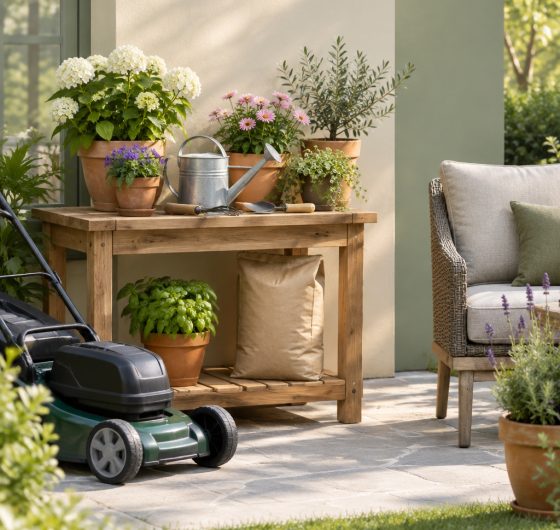 Potted plants, garden tools and a lawn mower