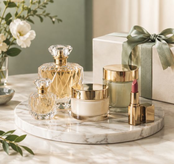 Luxury perfume bottles and skincare with a gift box