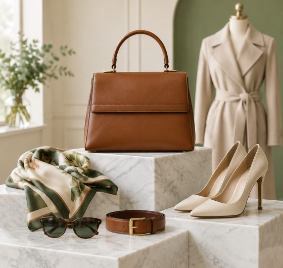 Designer handbag, heels and luxury accessories