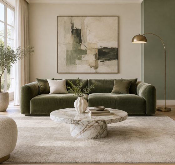 Elegant luxury living room with a velvet sofa