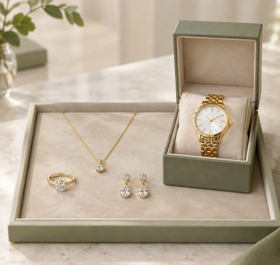Fine jewelry and a luxury watch on a velvet tray