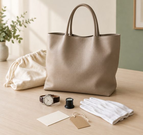 Pre-owned leather bag and watch being authenticated