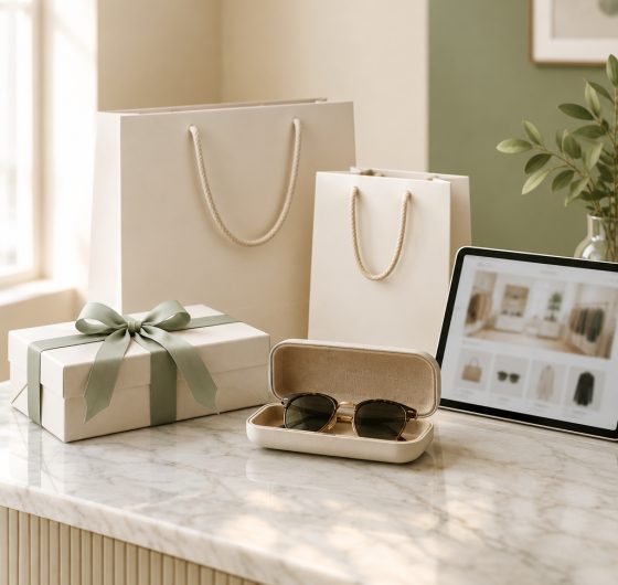 Luxury gift boxes, shopping bags and eyewear