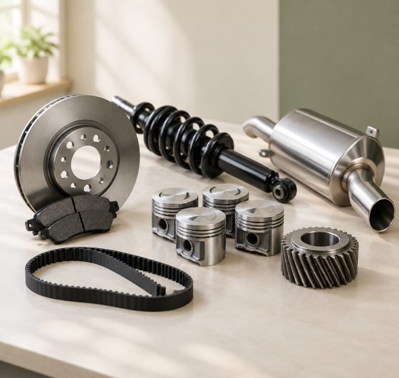 Brake, suspension, engine and exhaust parts on a workbench