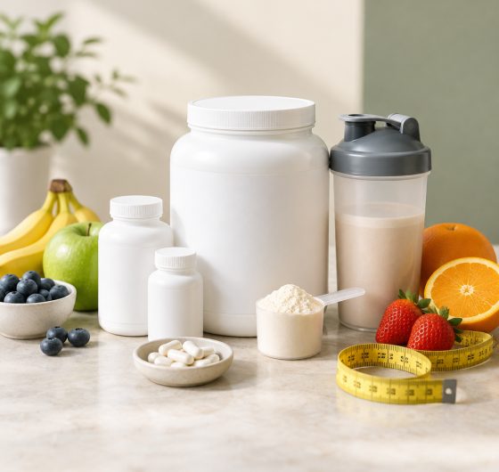 Supplements, protein powder and a shaker bottle