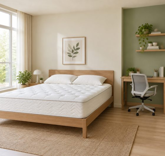 Mattress on a bed frame beside a home office desk and chair