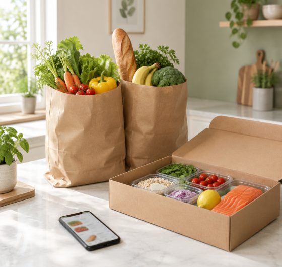 Grocery delivery bags and a meal kit box on a kitchen counter