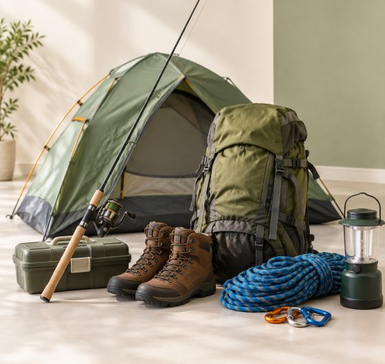 Tent, hiking backpack, fishing and climbing gear