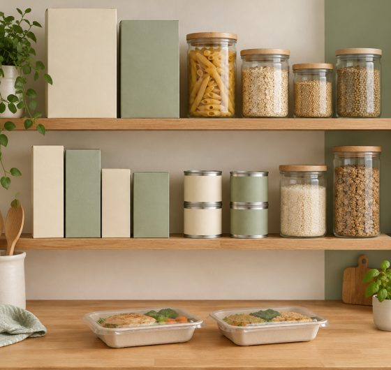 Pantry shelves with packaged foods, jars and ready meals