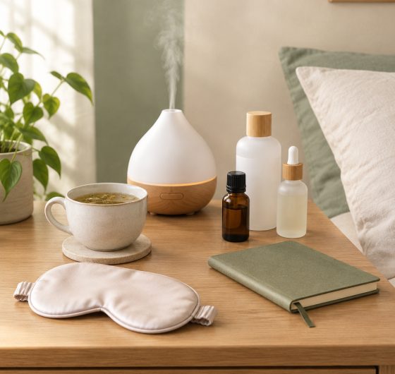 Sleep mask, herbal tea and wellness products on a bedside table