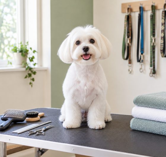 Groomed dog on a grooming table in a pet salon