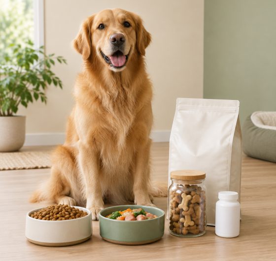Dog beside bowls of pet food, treats and supplements