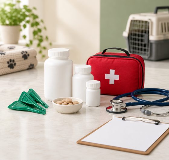 Pet medications and health supplies with a claim form