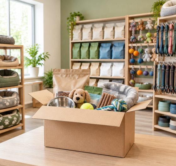 Pet store shelves with an online order being packed