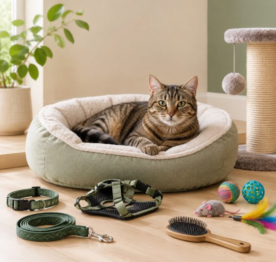 Cat in a pet bed with toys, collar and leash