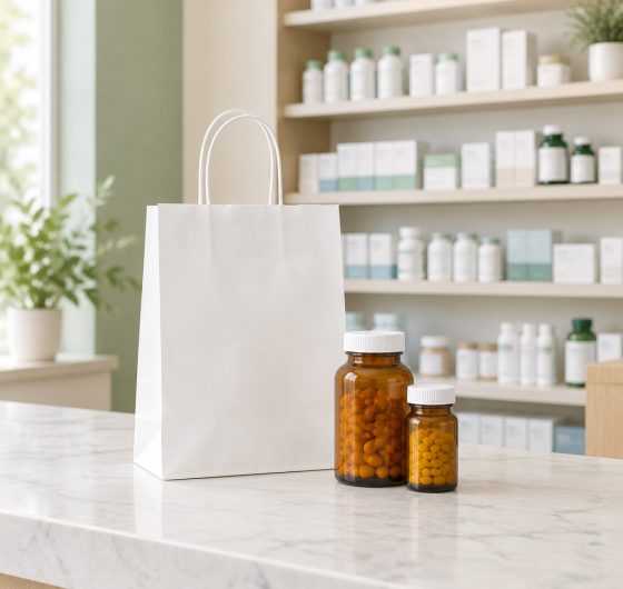 Pharmacy counter with a prescription bag and health products