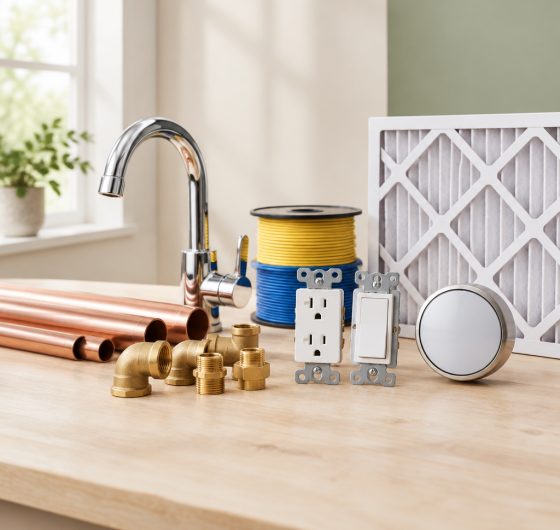 Pipes, fittings, electrical parts and a thermostat