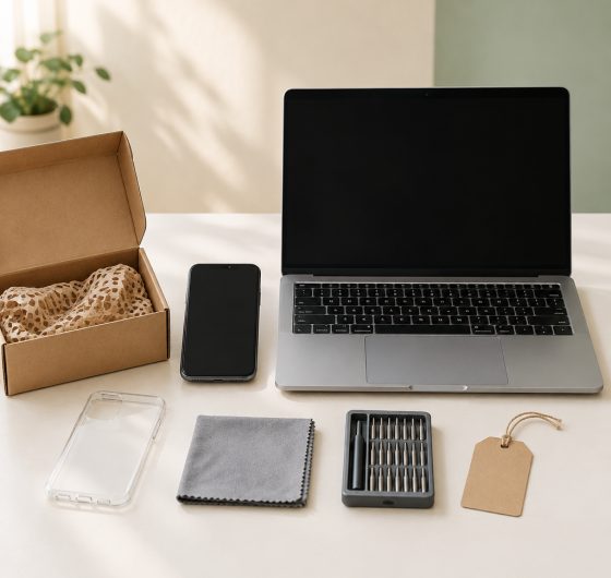 Refurbished phone and laptop prepared with packaging and tools
