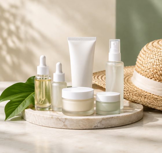 Skincare serums, creams and sunscreen with a sun hat