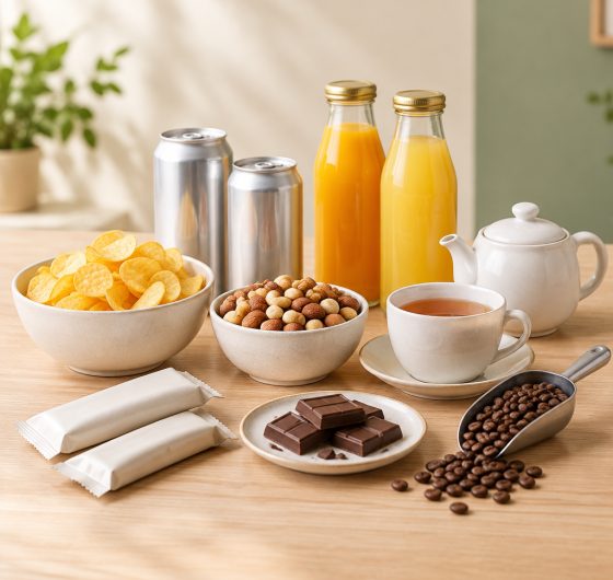 Snacks, drinks, coffee beans and tea on a table
