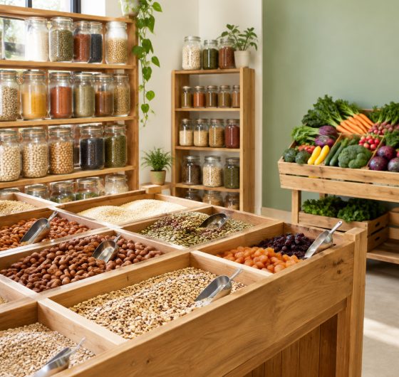 Bulk bins, spice jars and organic vegetables in a specialty grocery