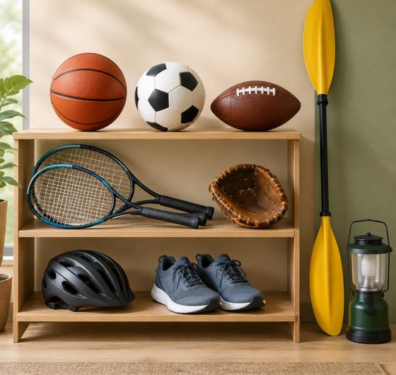 Sporting goods display with balls, rackets and gear