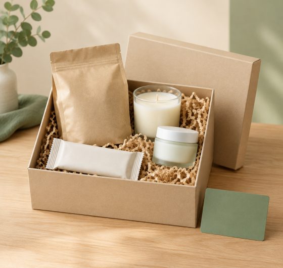 Open subscription box with curated products and a membership card