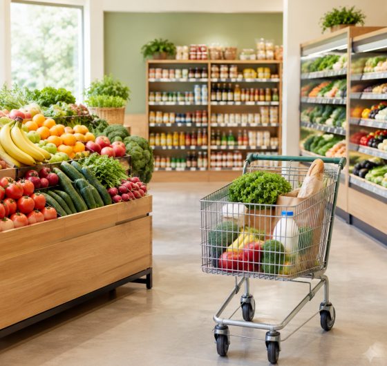 Supermarket produce display with grocery shelves and a shopping cart