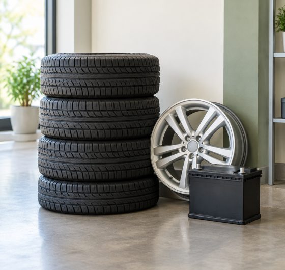 Stack of tires with an alloy wheel and car battery