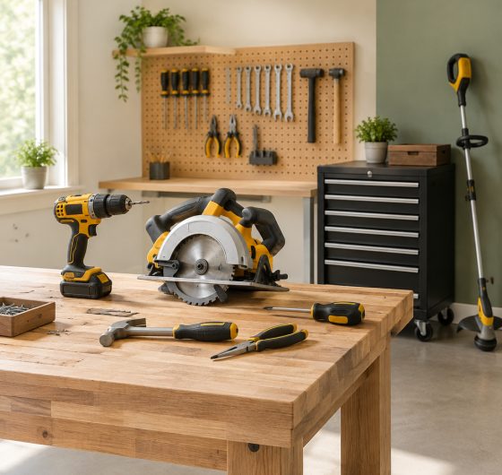Power tools on a workbench with a tool chest